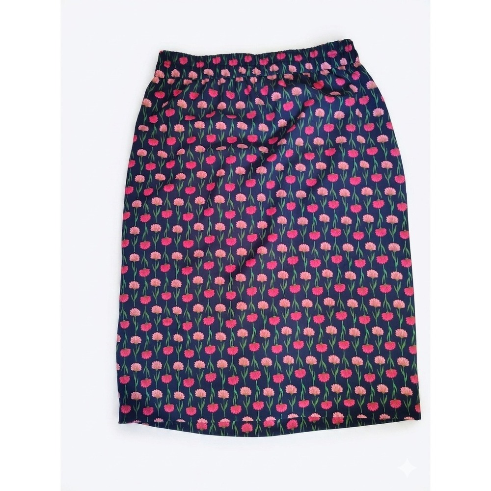 J.Crew Navy Blue Pink Floral Carnation Print Elastic Waist Midi Skirt Womens‎ M